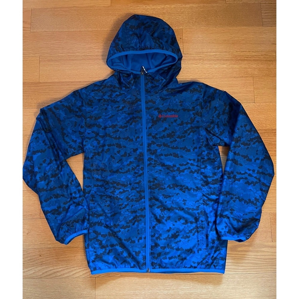 Columbia Omni-Wick full zip hooded windbreaker rain jacket blue patterned L kids